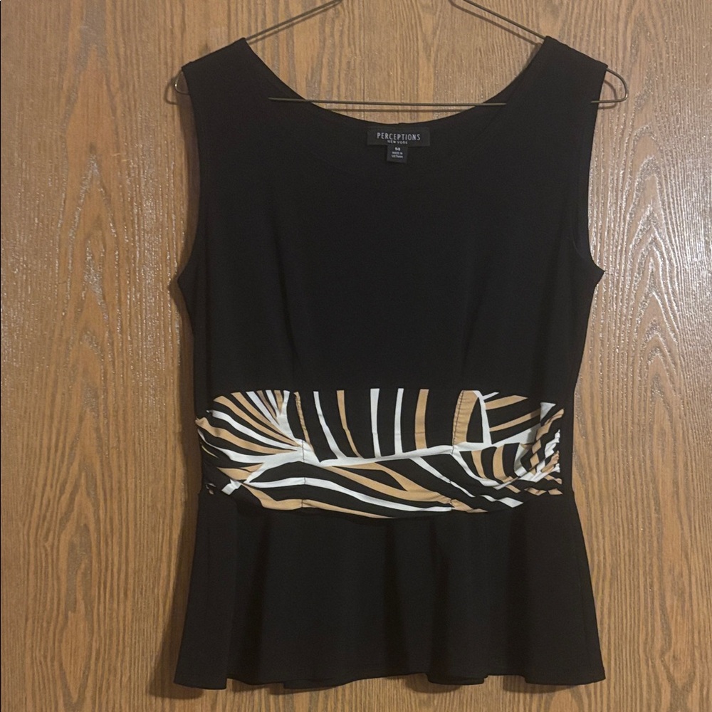 Perceptions Black Sleeveless Peplum Top with Tan & White Waistband Size 14